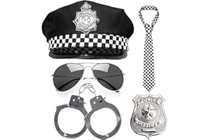 REDSTAR FANCY DRESS 5pc Adults Police Costume Accessories Women and Men - Policeman Hat, Aviator Sunglasses, Cop Badge, Checked Fancy Dress Tie and Metal Handcuffs - Ladies Police Costume Women Fancy Dress for Adults Men