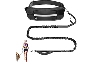 PETCOOZ Joggingleine Hunde mit Bauchgurt, Freihändig Hundeleine für Große Hunde mit Dual Griffe, Reflektierend Elastisch Laufleine verstellbar Gürteltasche zum Joggen Laufen, 160-220cm, Schwarz