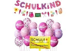 AIOZX SCHULKIND Deko Einschulung Mädchen, Einschulung Schuleinführung Schulanfang Deko Set, Girlande Schulanfang + Zuckertüten Banner + 16 Rosa Luftballon mit ABC 123 Schultüte Motiv Konfetti Folienballon