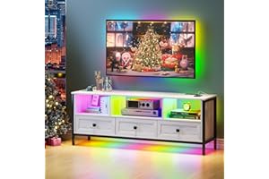 Lvifur LED Mesa TV Salon para televisor de 70 Pulgadas, Modernos Mueble TV Salon con Estación de Carga, Mueble Television con 3 Cajones, Sensor de Luz Automático 150 × 40 × 56 cm Blanco