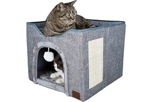 YUDOXN Faltbares Haus für Katzen mit Terrasse, zusammenklappbar, Höhle für Katzen und kleine Hunde, Flauschige Kugel zum Aufhängen und Kratzen (Small)