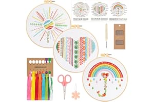 JSRQT 3 Stück Stickset für Anfänger, Stich Praxis Stickerei Kit für Erwachsene Kinder, Regenbogen Kreuzstich Starterset mit Anleitung, Embroidery Stitch Practice Kit für DIY Kunst Dekoration