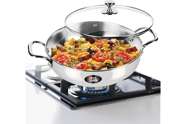 MILTON Pro cook Stainless Steel Kadhai with Glass Lid, 28 cm / 4.2 litres, Sandwich Bottom Cookware, Induction and Gas Stove Friendly Kadai for Cooking, Deep Frying, Stir-Fry, Saut