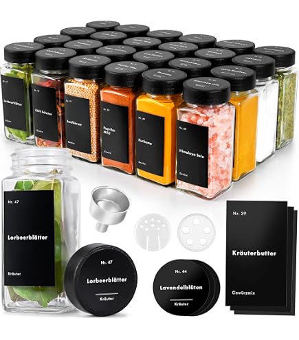 Cibeat 14-tlg. Gewürzgläser-Set Aus Glas – Quadratisch, Mit Streudeckeln, Etiketten & Silikontrichter