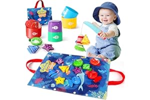 URMYWO Jouet Bébé 1 an, Pêche à la Ligne Enfant Montessori et Jouet Éducatif - Pliable, Lavable en Machine, Portable pour l'Apprentissage du Comptage et du Tri des Couleurs, Cadeau Enfant 1-3 Ans
