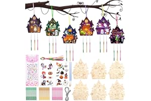 Kuvarix 12 Pièces Carillons DIY d'halloween, Activités Manuelles Halloween en Bois, Kit Bricolage Carillon à Vent Décoration pour Halloween pour Activité Manuelles Enfants Cadeau Anniversaire