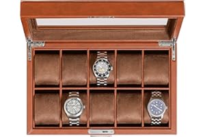 ROTHWELL Boîte à montres en cuir à 10 emplacements – Ecrins pour montres de luxe avec doublure en microsuède ultra douce, support verrouillable avec grand plateau en verre (beige/marron)
