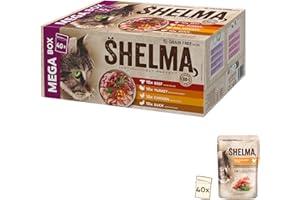 Shelma Mokra karma dla kotów, mięso, megapack z odmianami wołowiny, indyka, kurczaka i kaczki – pełnoporcjowa mieszanka paszowa bez zbóż o dużej zawartości mięsa – 40 x 85 g (3,4 kg)