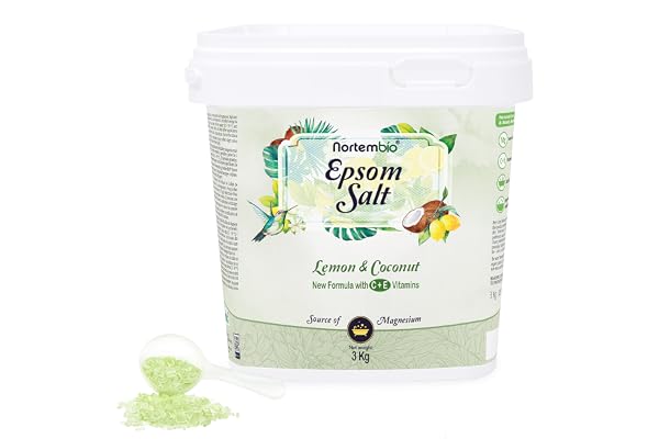 Nortembio Sels d’Epsom 100% Parfum Citron et Noix de Coco 3 kg – Source Naturelle de Magnésium | Avec Vitamines C et E Hydratantes | Pour Bains Relaxants, Spa et Soin de la Peau + E-Book Gratuit
