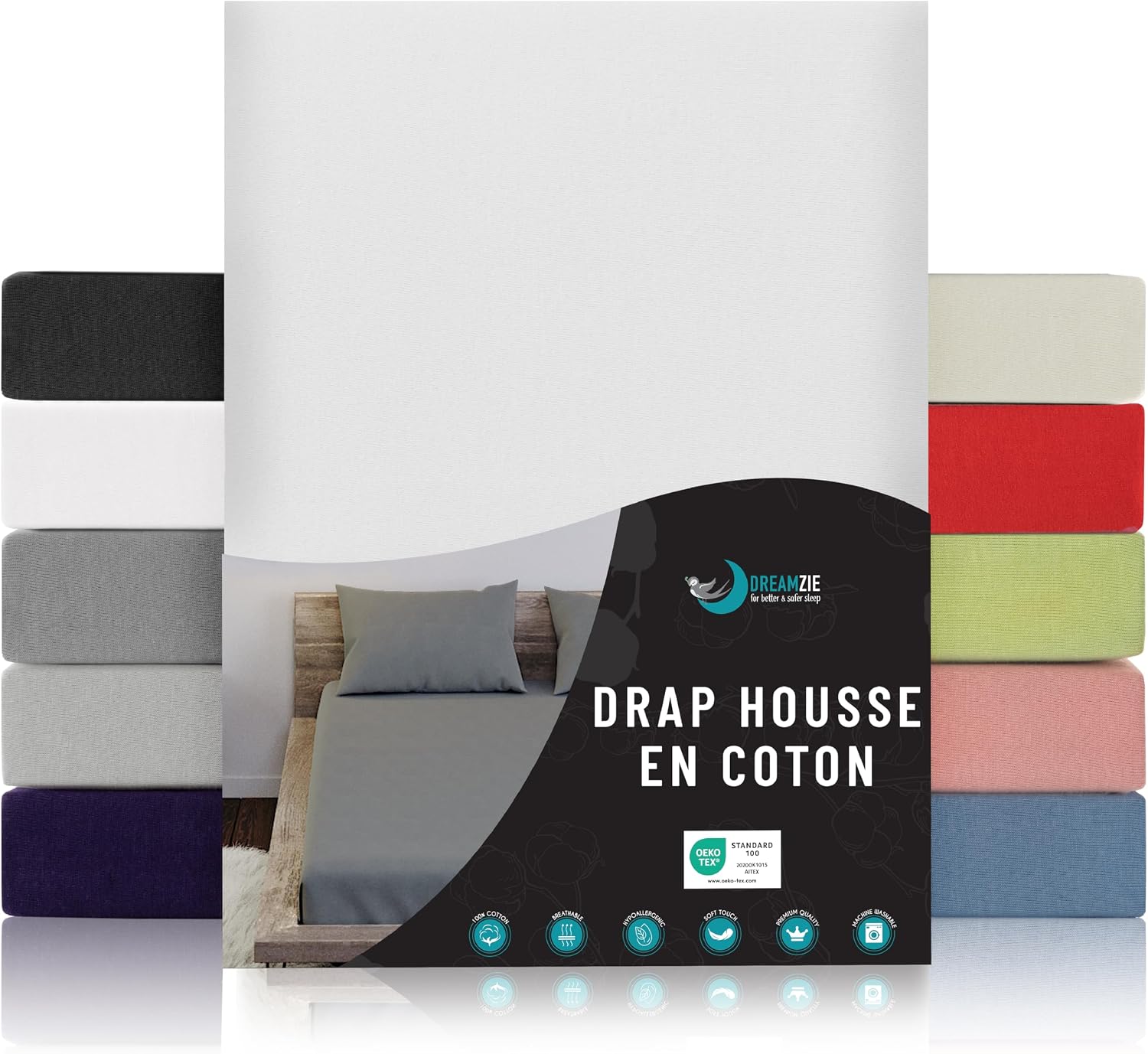 Dreamzie - Drap Housse 90x190/200-100% Jersey Coton Certifié Oeko Tex - Blanc - Drap Housse 90x190/200 Coton