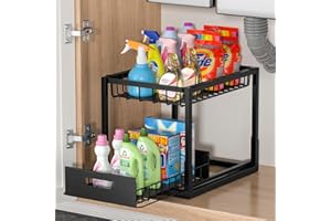 Avaspot Metal Under Sink Storage, 2 Tier Under Sink Organiser Comes with 4 Non-Slip Pads and Slide Out Drawer, 2 Plastic Liners for Small Items for Kitchen/Bathroom