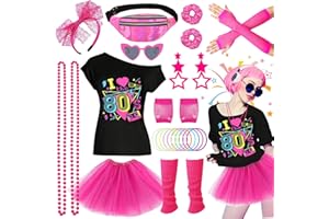 BEAMELY 27 pièces accessoires de costume des années 80 - Robe de soirée disco des années 90 - Néon - T-shirt tutu - Bracelet fantaisiste - Ensemble de lunettes - Bracelet - Colliers - Jambes chaudes - Tenue