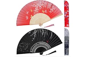 AstraGlam 2PCS Bamboo Folding Hand Fans in Red and Black with Tassels and Fabric Sleeves, Chinese Japanese Style Handheld Fans for Women for Summer Weddings and Parties
