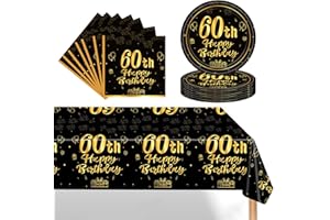 POPOYU Schwarz Gold 60 Geburtstag Partygeschirr Set,Einwegteller 7 Zoll Servietten Kunststoff Rechteckige Tischdecke,37 Stück Schwarz Gold Partygeschirr Set für Männer Frauen 60 Geburtstag Party Dekorationen