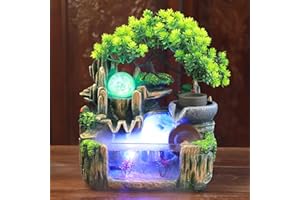 Charocean Zimmerbrunnen mit LED Beleuchtung - Tischbrunnen Indoor zimmerbrunnen Wasserfall Brunnen mit Nebel Desktop-Brunnen Groß Zimmerbrunnen mit Pflanzen für Wohnzimmer Schreibtisch