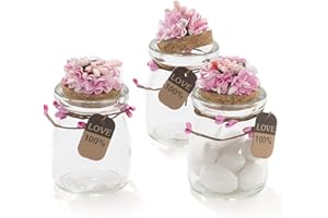 C.X.Y. 20 Pezzi Barattolo Vetro Con Tappo In Sughero Porta confetti Bomboniera Incluso Decorazione Fatto A Mano Fiore pistilli Etichetta Tema Naturale (ROSA)