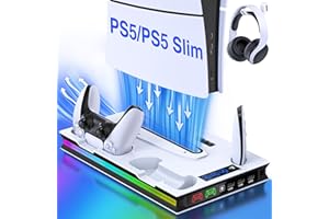 GAMSINGY PS5 Ständer mit Lüfter, Standfuß für Disc/Digital Edition, Headset Halterung/ Controller Ladestation/ Fernbedienung Solt/3 USB Hub, Zubehör für Playstation 5 Konsole