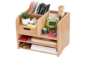 Frcctre Bamboo Desktop Organizer with Drawer, 3 Tier Wooden Desk File Document with Pen Holder, Tabletop Stationery Storage Organizer Storage Rack for Desk Accessories, Office Supplies