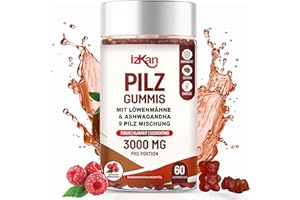 ‎IZKAN Izkan Pilz Gummis 3000 mg - 9 Gehirn Gesundheit Pilz Gummies mit Ashwagandha fördert die Konzentration, Gedächtnis und Stimmung - Packung mit 60 (Himbeergeschmack, Halal, Glutenfrei)