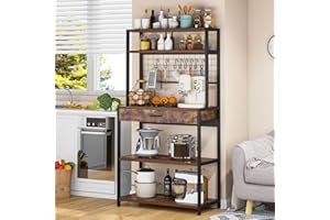 Tribesigns 5-Tier Kitchen Baker's Rack with Drawer, Microwave Oven Stand, Utility Storage Shelves with 8 S-Hooks, Free Standing Shelf Multipurpose Organizer Workstation, Rustic Brown