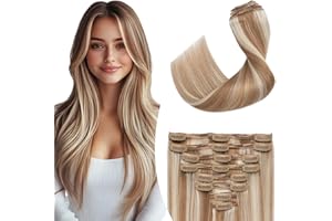 Elailite Extension Capelli Veri Clip Volumizzante #6P613 Castano/Biondo Chiaro, 35cm 120g 8 Fasce Separate Human Hair Naturali Lisci
