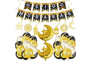 Kesteey Eid Mubarak Party Decorations Set 41Pcs Ramadan Mubarak Banner Star Moon Foil Balloon Black Gold Latex Balloons Confetti Balloons and Hanging Swirls for Eid Mubarak Themed Party
