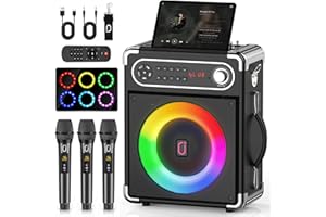 HWWR Karaoke Machine with 3 Wireless Microphones for Adults, Portable Bluetooth Karaoke Speaker with Bass/Treble Adjustment, PA System with Echo Effect, Support TF Card/USB/AUX/FM/REC/TWS