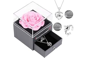 EAPRALA Te Amo para Siempre Regalo Original Mujer,Rosa Preservada Real con Anillo y Collar de Corazón con Te Amo en 100 Idiomas, Rosa Eterna para el Día de San Valentín Aniversario Cumpleaños