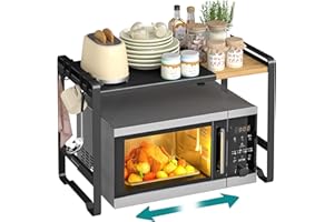 SONGMICS Expandable Microwave Shelf, Microwave Stand, 41.5-64 cm Adjustable Width, Kitchen Storage Rack, Steel and Bamboo, 4 Hooks, Ink Black and Light Bamboo KCS060B01