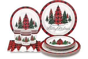 LATERN 100 Pezzi Stoviglie di Carta per Feste Natalizie, 25 x 9 Pollici Piatti Piani, 25 x 7 Pollici Piatti da Insalata, 25 x 270ml Tazze, 25 x 16CM Tovaglioli - per Natale Festività Feste Decorazioni