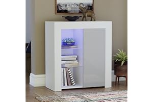 Vida Designs Azura 1 Door Modern LED Sideboard in White & Grey, RGB Lights (Fade/Strobe Options Included), High Gloss