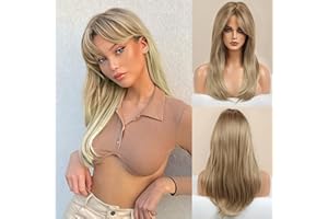 Honygebia Peluca Rubio Oscuro con Flequillo - Rubio Oscuro para Mujer, Largo y Ondulado, pelo Sintético Natural Realista, Resistente al Calor para Carnaval, Disfraces, Fiestas Temáticas