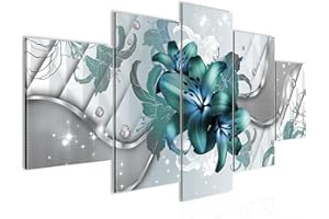 Runa Art - Cuadros Decorativos Lilies de flores 200 x 100 cm 5 Piezas XXL Decoracion de Pared Diseño Turquesa gris 016551a
