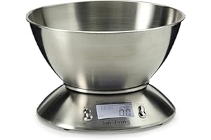 Innoliving Bilancia Elettronica Digitale da Cucina INN-127 con Grande Ciotola da 2L in Acciaio Inox, Display LCD Retroilluminato, 5kg x 1g, Funzioni Timer e Termometro Temperatura