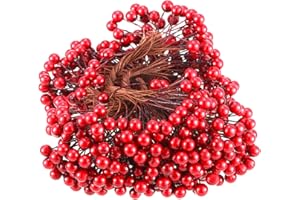 BBTO Artificial Holly Berries on Wire Stems, 250 Stems with 500 Pieces 8 mm Fake Berries for Tree Decorations Wreath Craft Use Wedding Party Favor (Red)