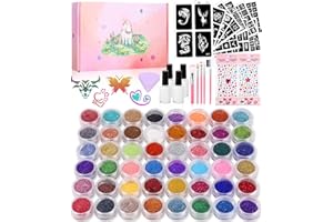 LEAZZLE 546 Zestaw do tatuażu z brokatem dla dzieci,48 kolorów,250 szablonów,238 dżetów,5 pędzli,4 kleje,1 gąbka kosmetyczna,DIY Wodoodporne tatuaże,Wielkanoc Halloween Boże Narodzenie Impreza Dekoracja