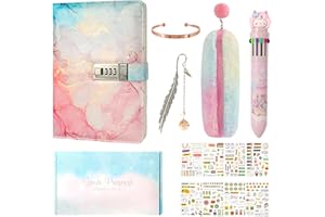 Realjoy Tajny pamiętnik dla dziewczynki, tajny pamiętnik z kłódką, A5 ze skóry PU, tajny pamiętnik z kodem naklejki na długopis piórnik bransoletka zakładki