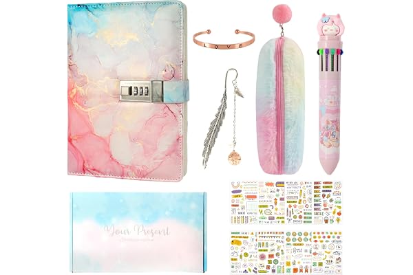 Realjoy Journal Intime Fille de 7 8 9 10 11 12 13 Ans, Journal Intime avec Cadenas,A5 en Cuir PU,Cahier Secret pour Fille,Carnet Secret avec Cadenas, Autocollants, Stylo, Trousse, Bracelet