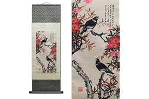 VALART Silk Scroll Painting Asian Wall Decor 4 Color Flower bird - Parrot Thrush Magpie Starling - Black Starling Beautiful Chinese Art Wall Scroll Hanging Painting Scroll Oriental Decor 39 x 12 in
