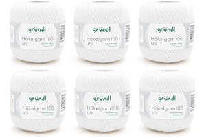Gründl Laine Häkelgarn 100 – laine fine estivale pour le crochet – brillante et lavable – fil de coton – 100% coton – 6 pelotes 100 g / 566 m – taille d’aiguille 1,5 – 2 - Blanc