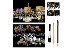 ARTSPER Scratch & Engraving Arts Paper(16"x11.2") for Kids & Adults, Rainbow Sketch Painting Landscape Scratchboard, Craft Kits: 2 Pack with 4 Tools - Drawing Pens, Clean Brush(Las Vegas/Sydney)