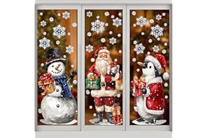 XIMISHOP 6 Sheets Christmas Window Stickers, Reusable Large Santa Claus Snowman Window Clings Double-Sided Xmas Snowflake Window Static Decals Clings for Xmas Home School Office Window Decoration