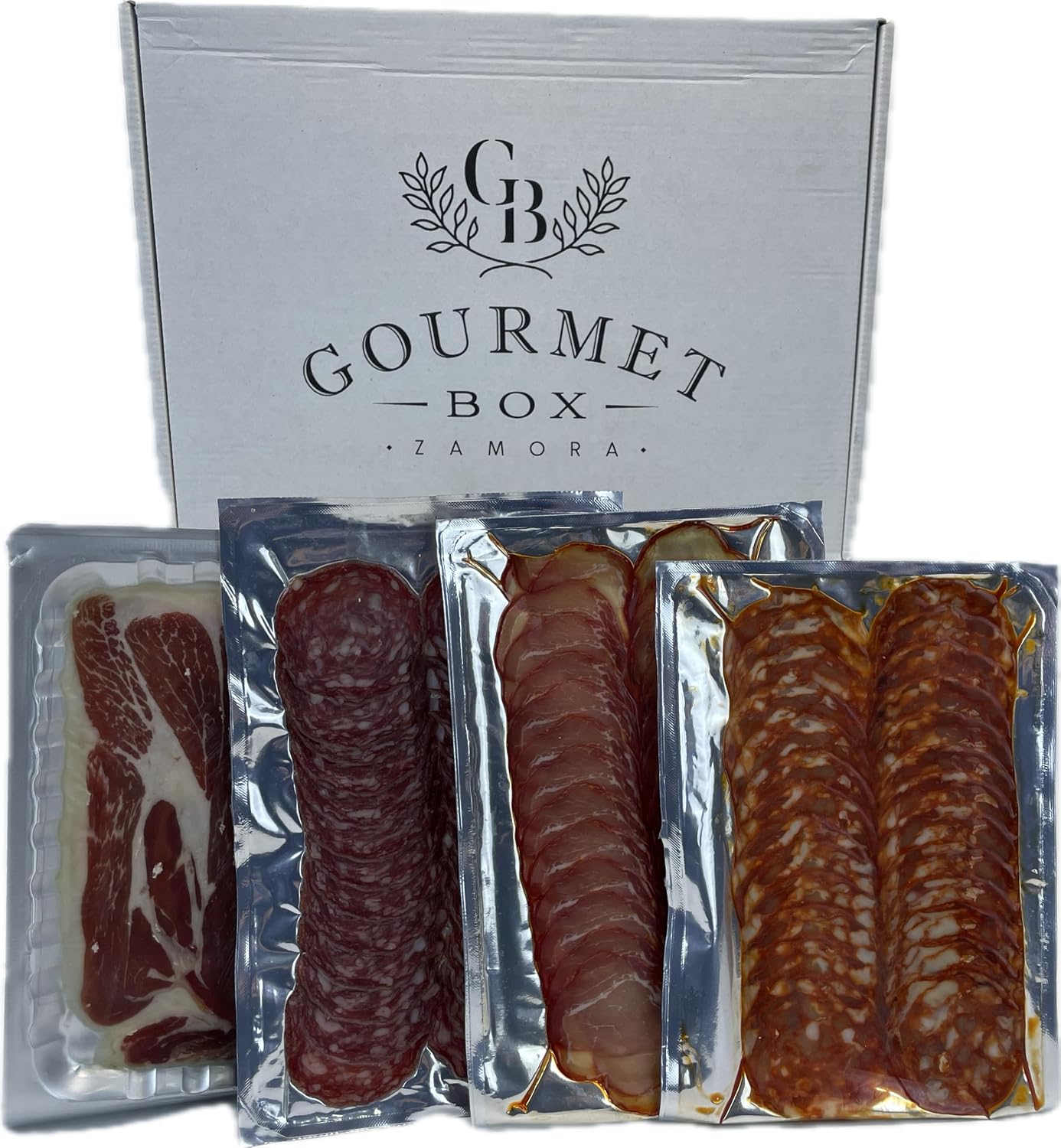 Cesta Gourmet para regalar,Lote de Ibéricos loncheados,Gourmet Box ZAMORA-Jamón,Lomo,Chorizo,Salchichón (Pack 400gr.)