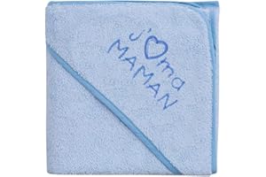 NOSBEBES ® Fabriqué en EUROPE Sortie de bain brodé, 100% COTON idee cadeau naissance bébé, Serviette de Bain Bébé (MAMAN BLEU)