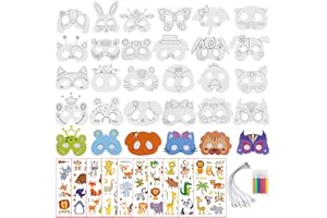 W Rxkiocs Pack of 34 Masks for Colouring Masks for Painting Masks Craft Paper Animal Mask Set with Animal Tattoo Sticker for Jungle Party All Saints Fancy Dress Party
