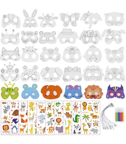 24 stuks dino-maskers, maskers om te beschilderen voor kinderen met 12 stuks aquarelstiften, dino-maskers voor kinderverjaardag, dierenmaskers om te beschilderen voor Halloween, Kerstmis