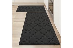 COSY HOMEER Alfombra de Cocina Antideslizante Lavable, Set de 2 Unidades (51 x 76 cm + 51 x 122 cm), Alfombra para Pasillo y Cocina, Ideal para Sala de Estar, Negro
