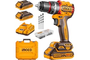 INGCO 20V Cordless Brushless Hammer Drill, Compact Impact Drill 66NM, Variable Speed Control, 22+1+1 Torque Setting with LED Light, 50Pcs Accessories with 2Pcs 2.0Ah Battery, 1Pcs Charger CIDLI20668