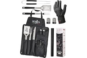 HORUS 23 - Kit Barbacoa con BBQ Accessories en Acero Inoxidable, Delantal Oxford con Bolsillos, Guante Ignífugo y Tapete para Parrilla