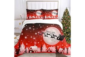 IUNTWEIE Copripiumino matrimoniale natalizio, copripiumino rosso con Babbo Natale e alce, decorazione natalizia, morbido set di biancheria da letto con zip (F, 220x240cm)